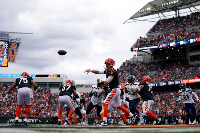Cincinnati Bengals quarterback Joe Burrow (9) throws in the third quarter during an NFL football game between the Seattle Seahawks and the Cincinnati Bengals Sunday, Oct. 15, 2023, at Paycor Stadium in Cincinnati. The Cincinnati Bengals won, 17-13.  